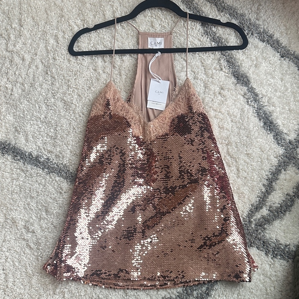 NWT Small CAMI NYC Lace Racerback Sequin Camisole Rose Dust